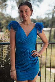 Light Blue Feather V-Neck Short Dress with Slit