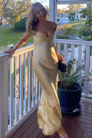 Elegant Off-Shoulder V-Neck Satin Pleats Long Party Prom Dress