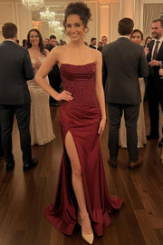 Strapless Scoop Pleats High Slit Mermaid Sleeveless Long Prom Dress