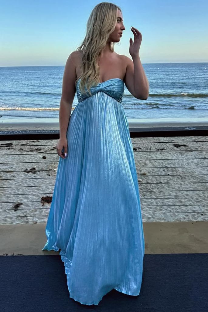 Metallic Strapless Sweetheart Pleated A-Line Long Prom Dress