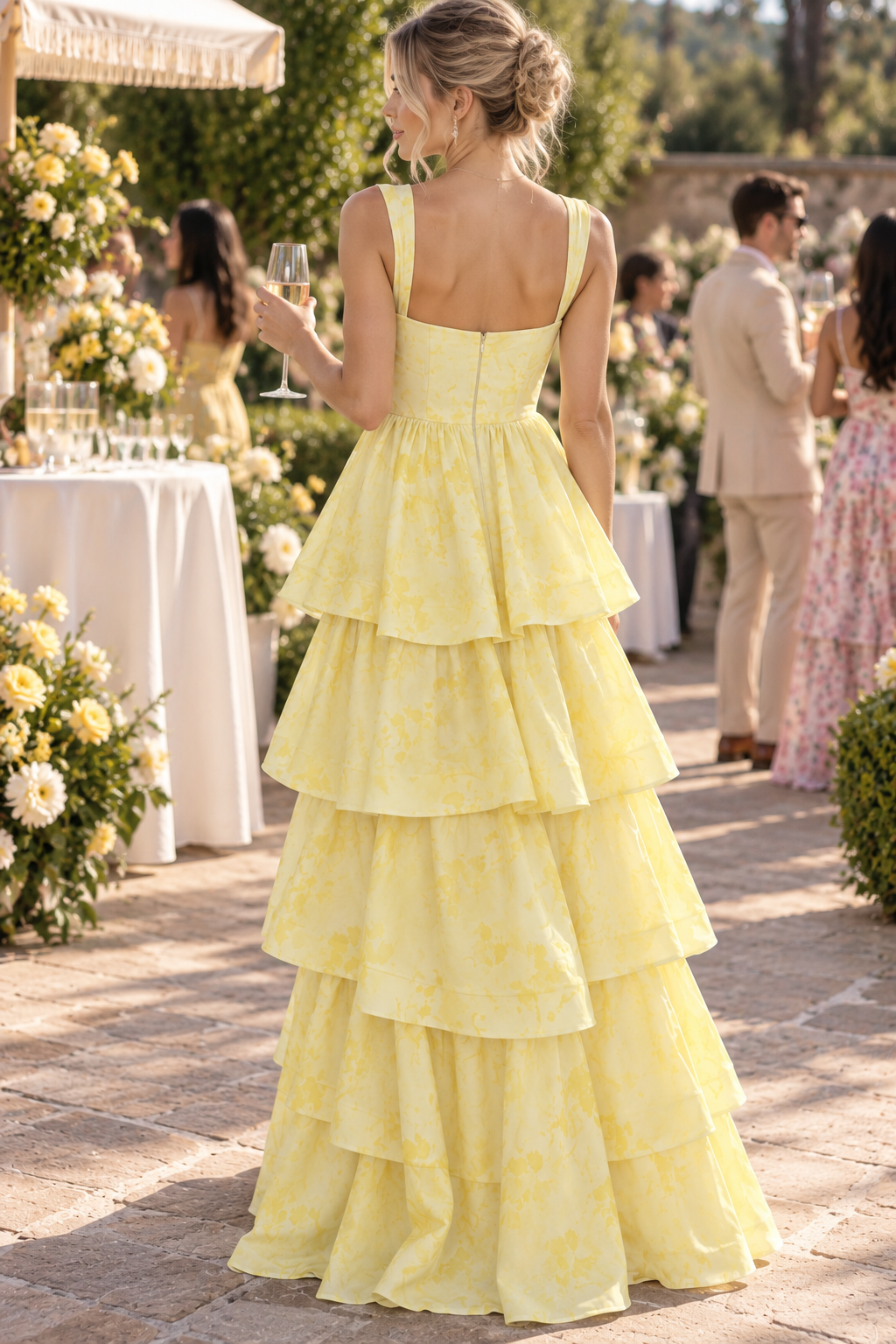 Yellow Printing A-Line Tiered Sleeveless Long Prom Formal Dress