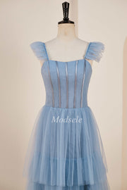 Smoky Blue Tiered A-Line Long Prom Dress with Flutter Sleeves