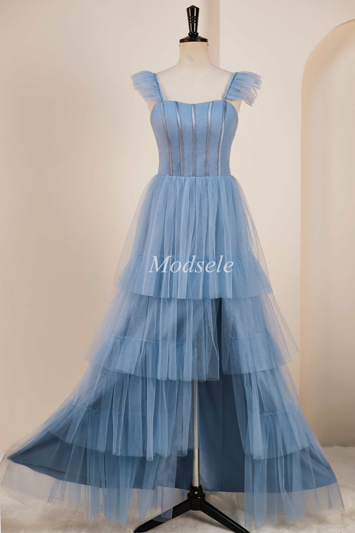 Tiered A-Line Long Prom Dress with Flutter Sleeves in smoky blue