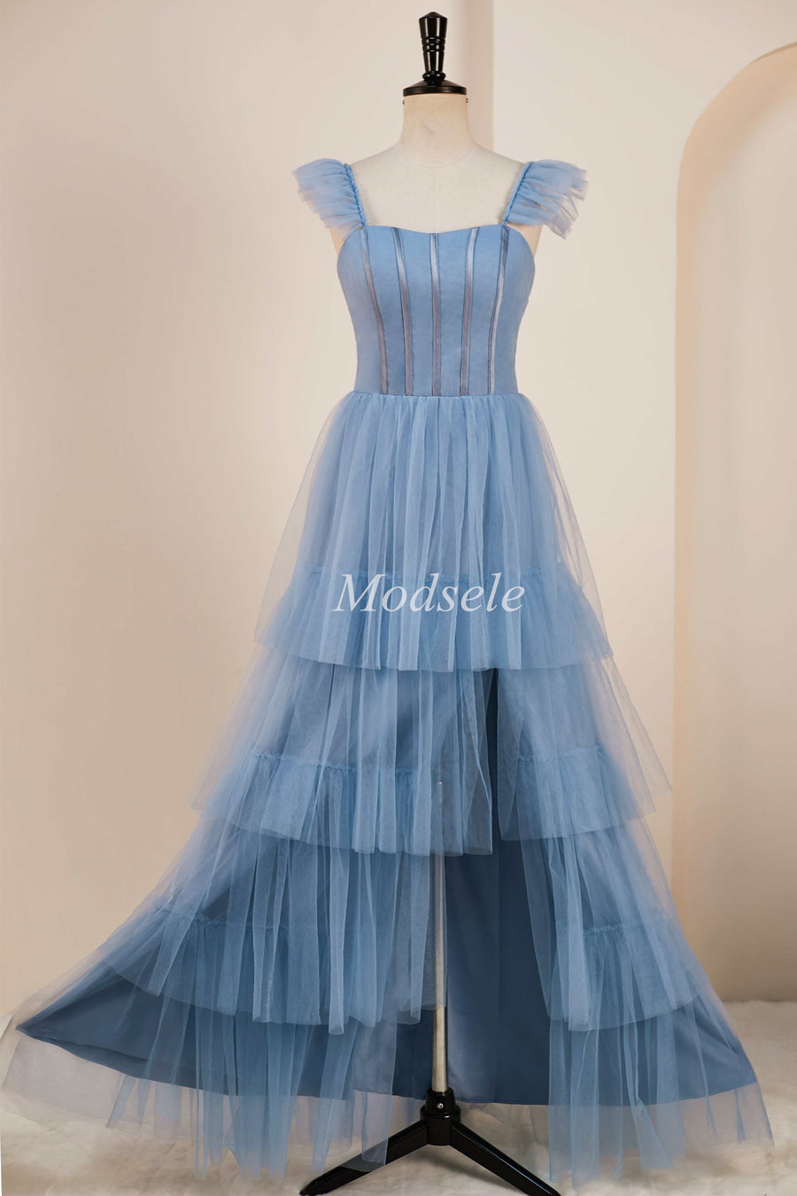 Tiered A-Line Long Prom Dress with Flutter Sleeves in smoky blue