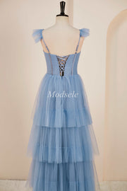 Tiered A-Line Long Prom Dress with Flutter Sleeves in smoky blue