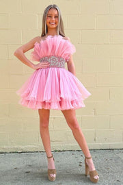 Pink Strapless Ruffle Pleated Short Dress with Beaded Band Waist