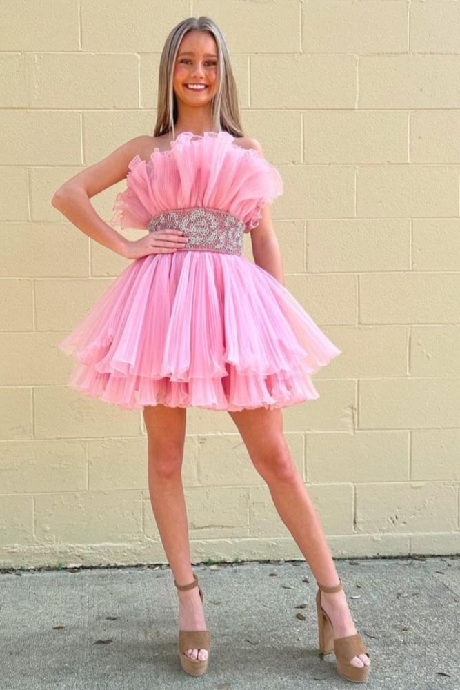 Pink Strapless Ruffle Pleated Short Dress with Beaded Band Waist – Modsele