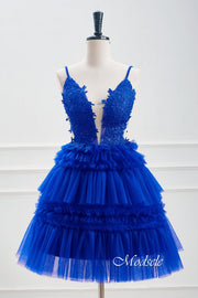 Royal Blue V-Neck Beaded Ruffle Homecoming Dress