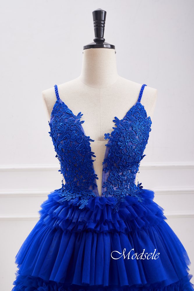 Royal Blue V-Neck Beaded Ruffle Homecoming Dress