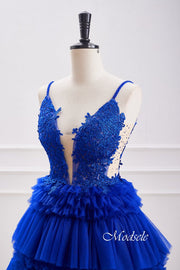 Royal Blue V-Neck Beaded Ruffle Homecoming Dress