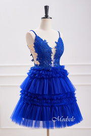 Royal Blue V-Neck Beaded Ruffle Homecoming Dress