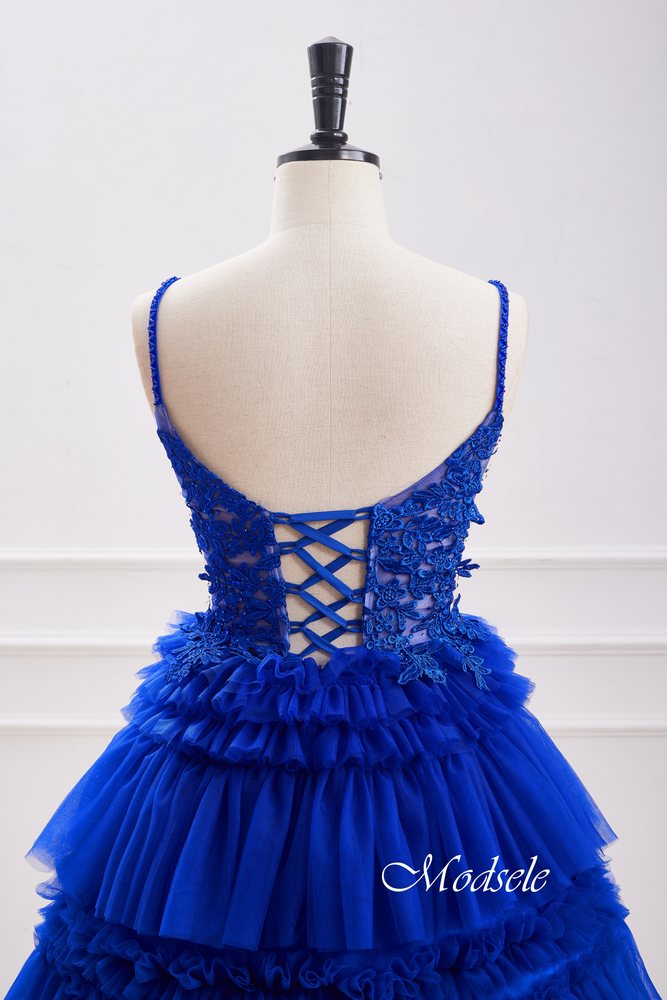 Royal Blue V-Neck Beaded Ruffle Homecoming Dress