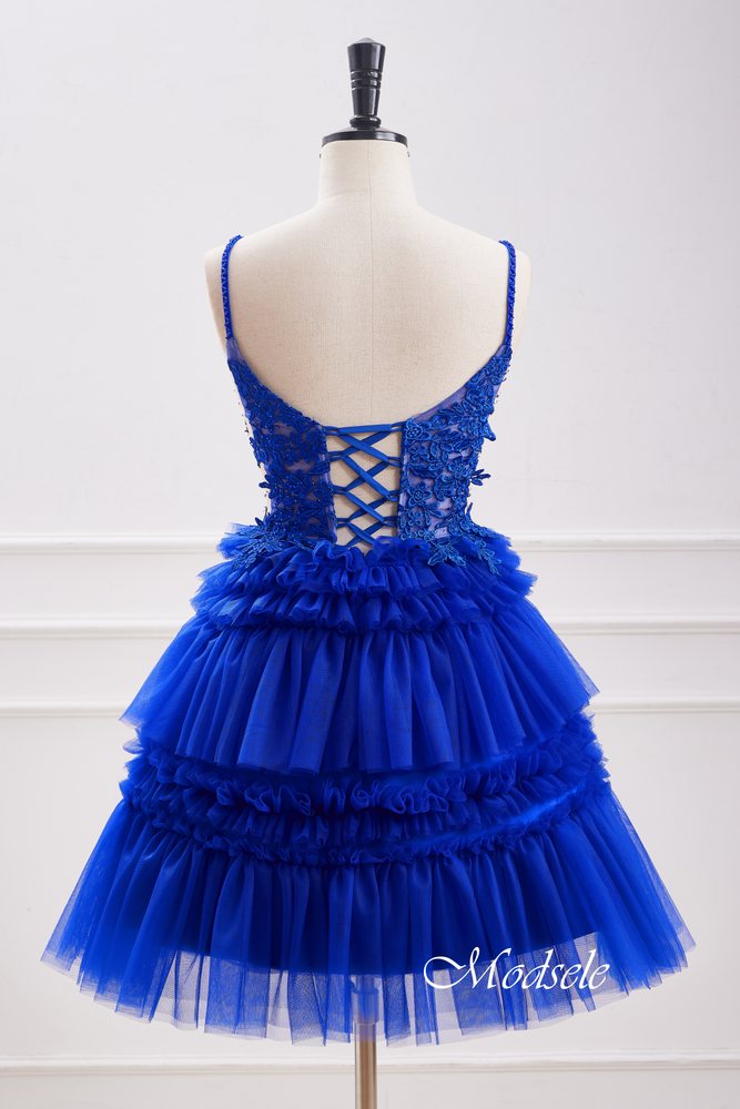 Royal Blue V-Neck Beaded Ruffle Homecoming Dress