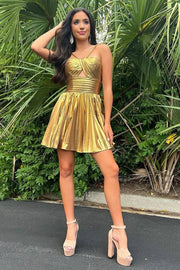 Champagne Metallic Spaghetti Strap Pleated A-Line Homecoming Dress