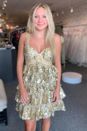 Gold Off the Shoulder A-line Ruffle Homecoming Dress