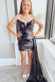 Black Sequin Strapless Bodycon Homecoming Dress with Attached Train