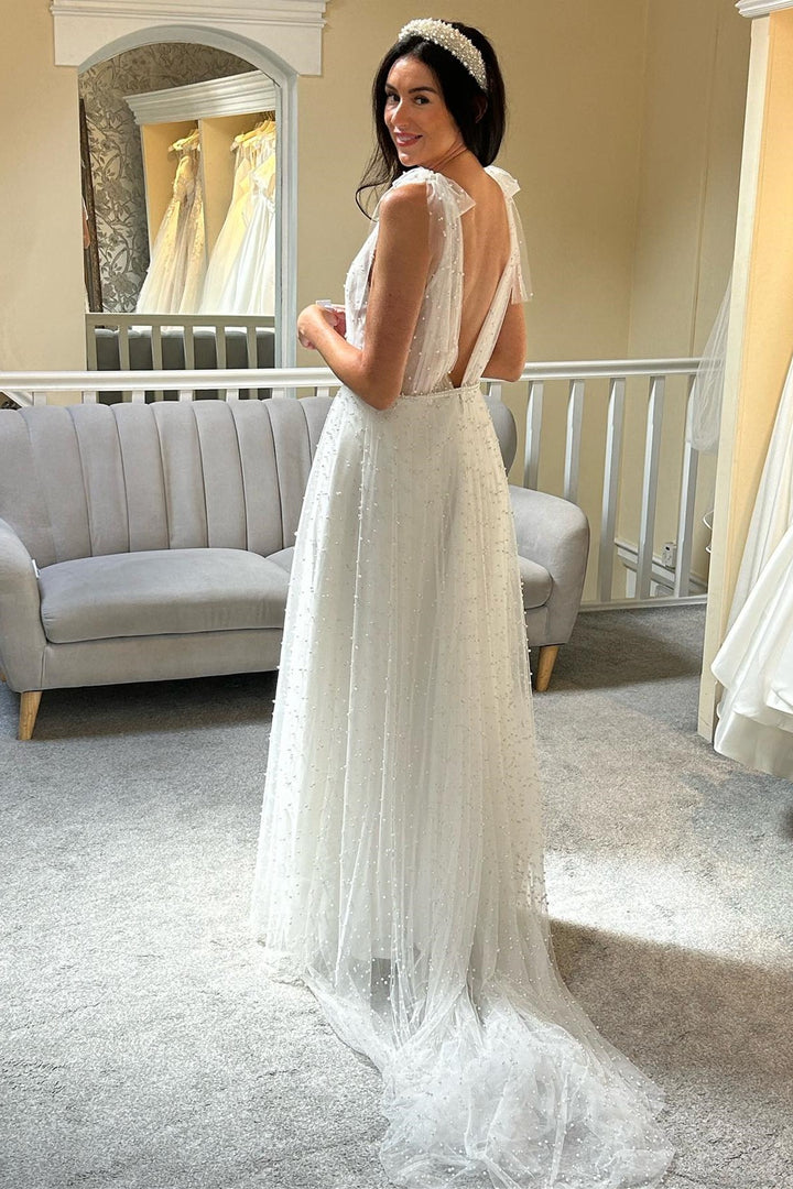 White Tulle Pearls Bow Strap A-Line Bridal Gown
