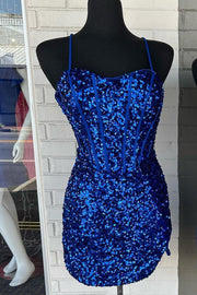 Blue Sequin Lace-Up Short Homecoming Dress with Slit