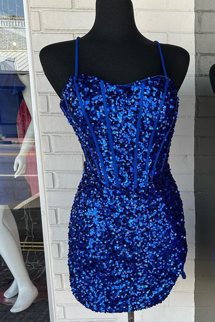 Blue Sequin Lace-Up Short Homecoming Dress with Slit  Modsele