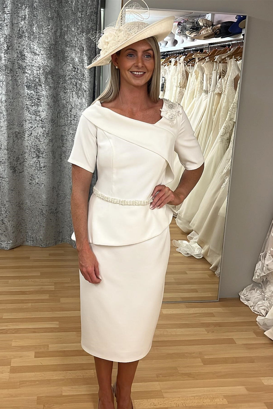 Ivory Beaded Asymmetrical Neck Ruffle Calf-Length Mother of the Bride Modsele Ivory Beaded Asymmetrical Neck Ruffle Calf-Length Mother of the Bride Modsele