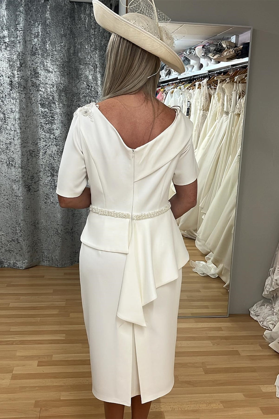 Ivory Beaded Asymmetrical Neck Ruffle Calf-Length Mother of the Bride Modsele Ivory Beaded Asymmetrical Neck Ruffle Calf-Length Mother of the Bride Modsele