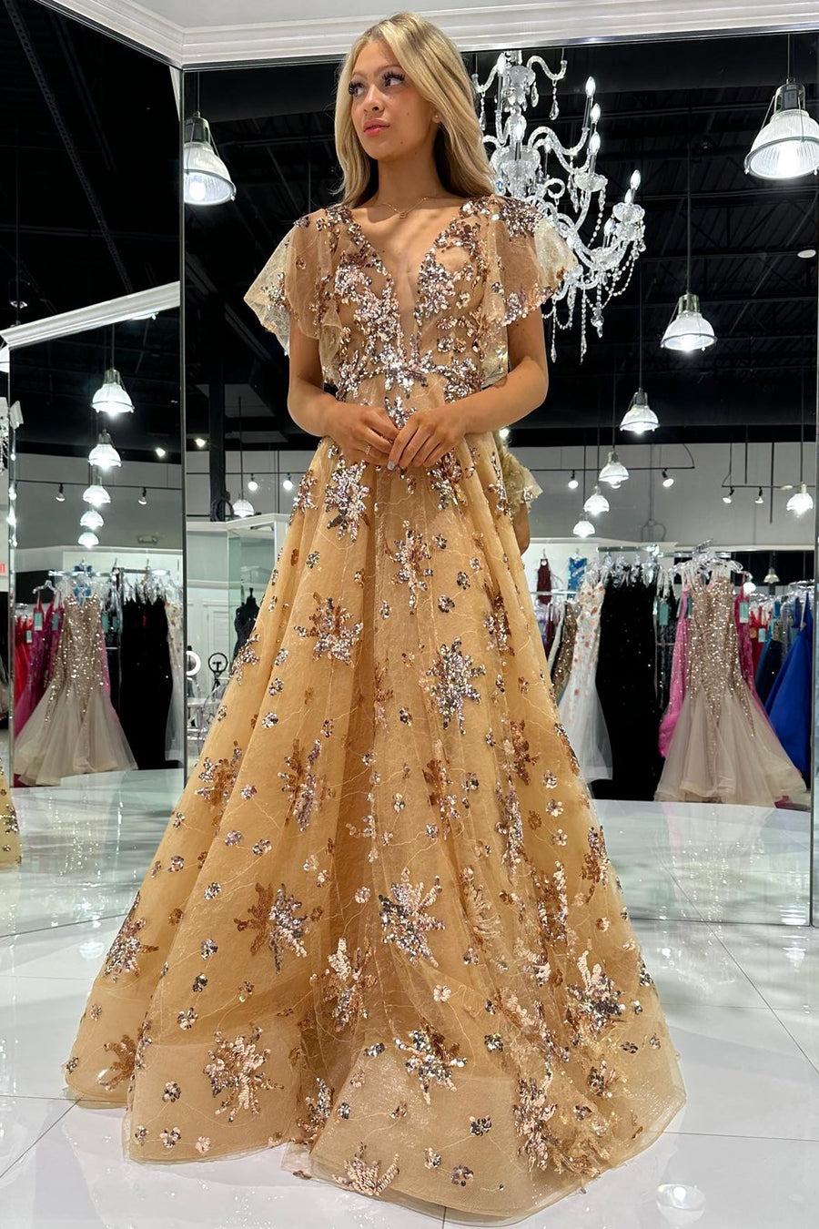 Gold Tulle Sequin Appliques Flutter Sleeve Long Prom Dress – Modsele