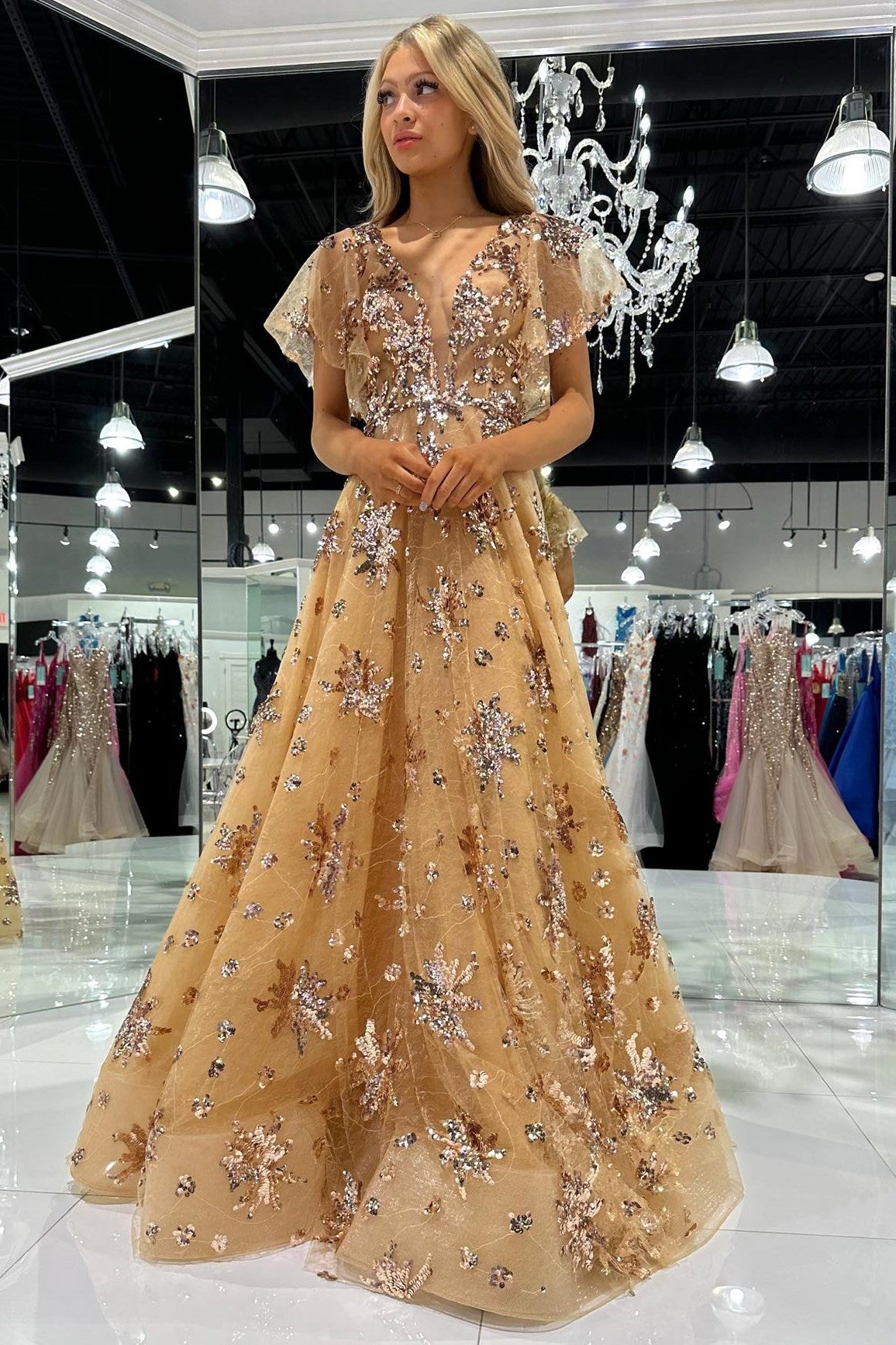 Spaghetti Straps Orange Sequins Appliques Long Prom Dress with