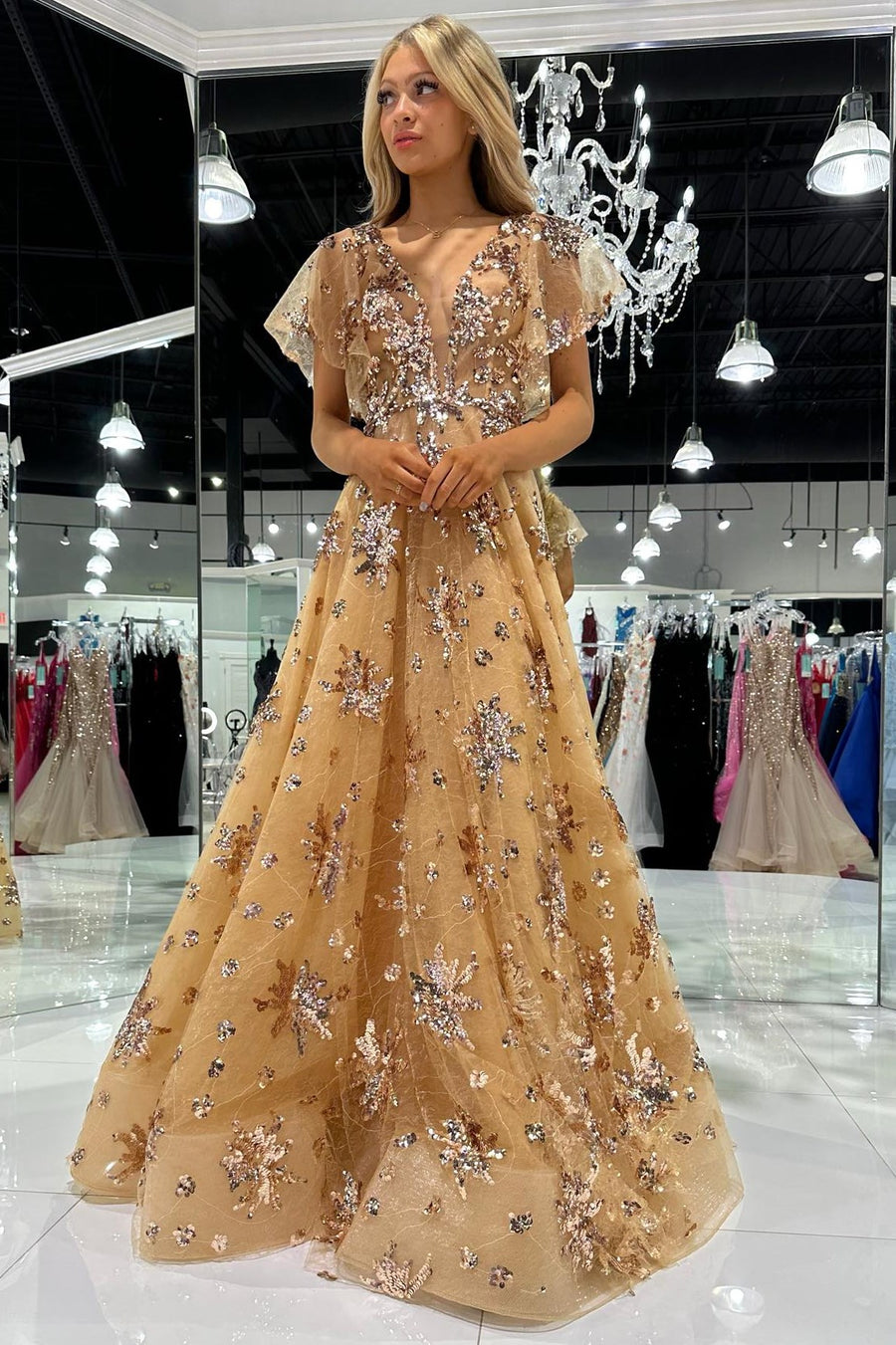 Gold Tulle Sequin Appliques Flutter Sleeve Long Prom Dress