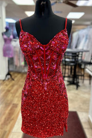 Red Sequin Lace Spaghetti Strap Short Gown with Slit