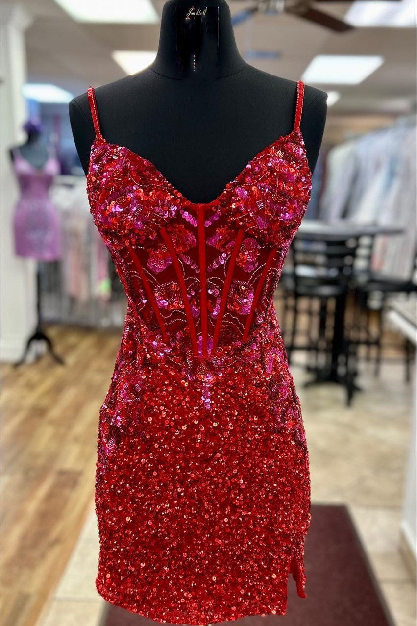 Red Sequin Lace Spaghetti Strap Short Gown with Slit – Modsele