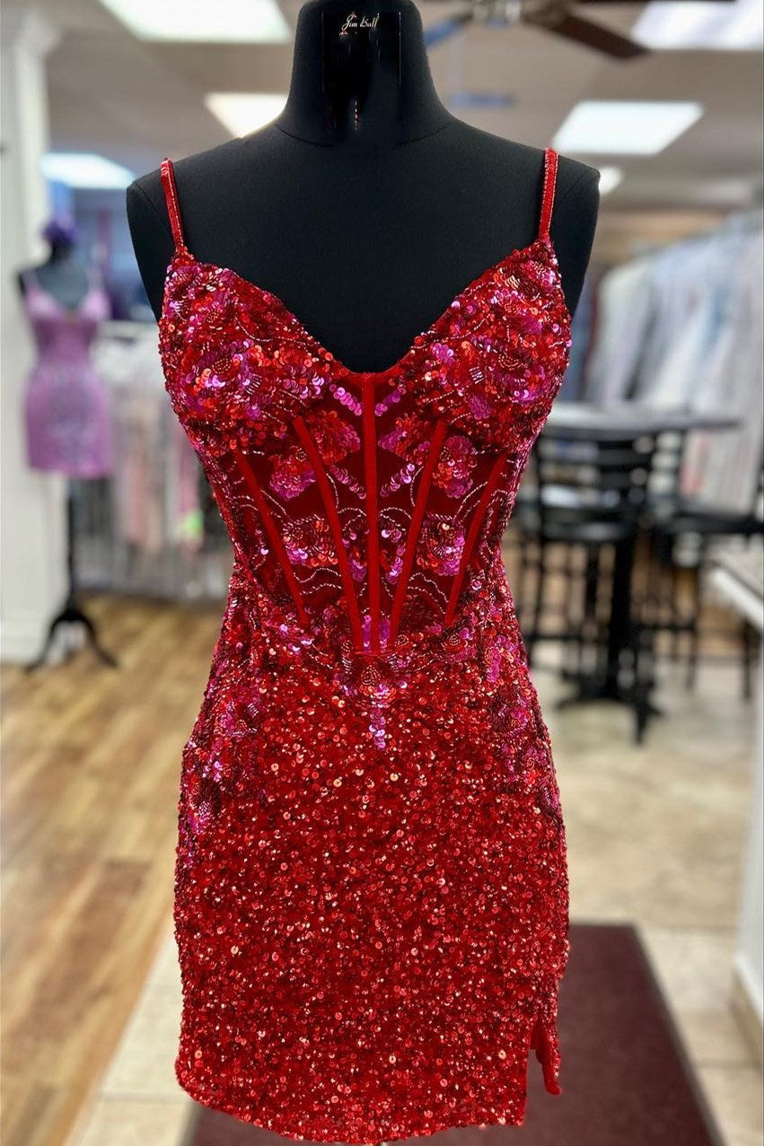 Red Sequin Lace Spaghetti Strap Short Gown with Slit Modsele Red Sequin Lace Spaghetti Strap Short Gown with Slit Modsele