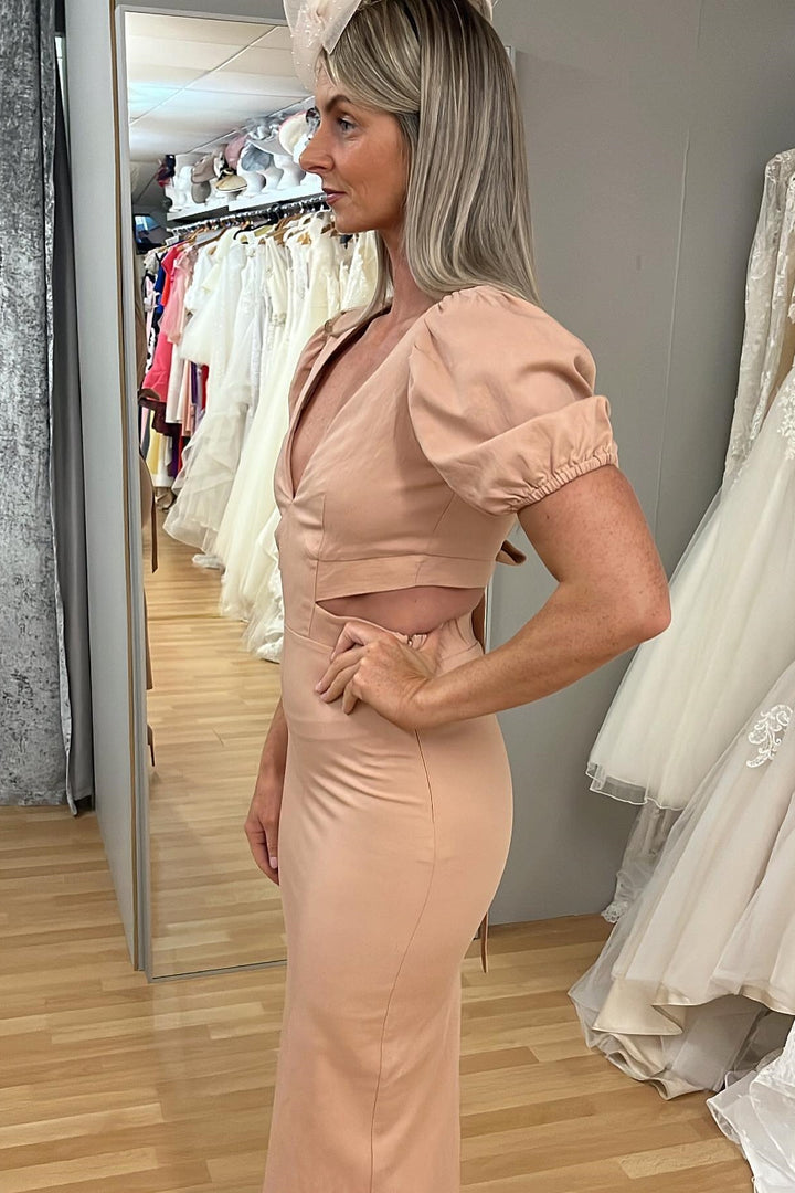 Dusty Pink Cut-Out V Neck Sheath Tea-Length Mother of the Bride Dress