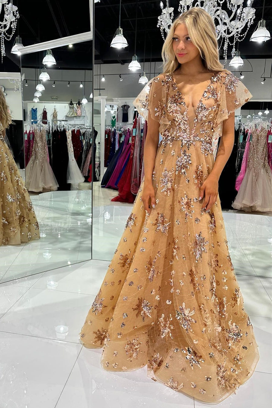 Gold Tulle Sequin Appliques Flutter Sleeve Long Prom Dress – Modsele