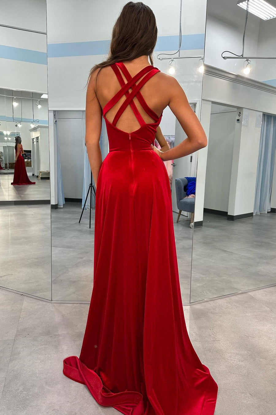 red velvet shoulderless long dress One-Shoulder Long Strappy Velvet Prom Dress