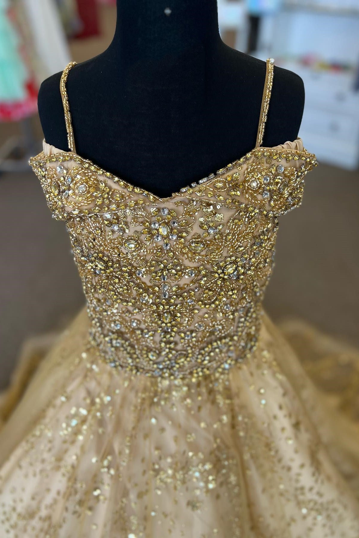 Gold Beaded Cold-Shoulder Long Girl Pageant Dress