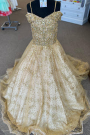 Gold Beaded Cold-Shoulder Long Girl Pageant Dress
