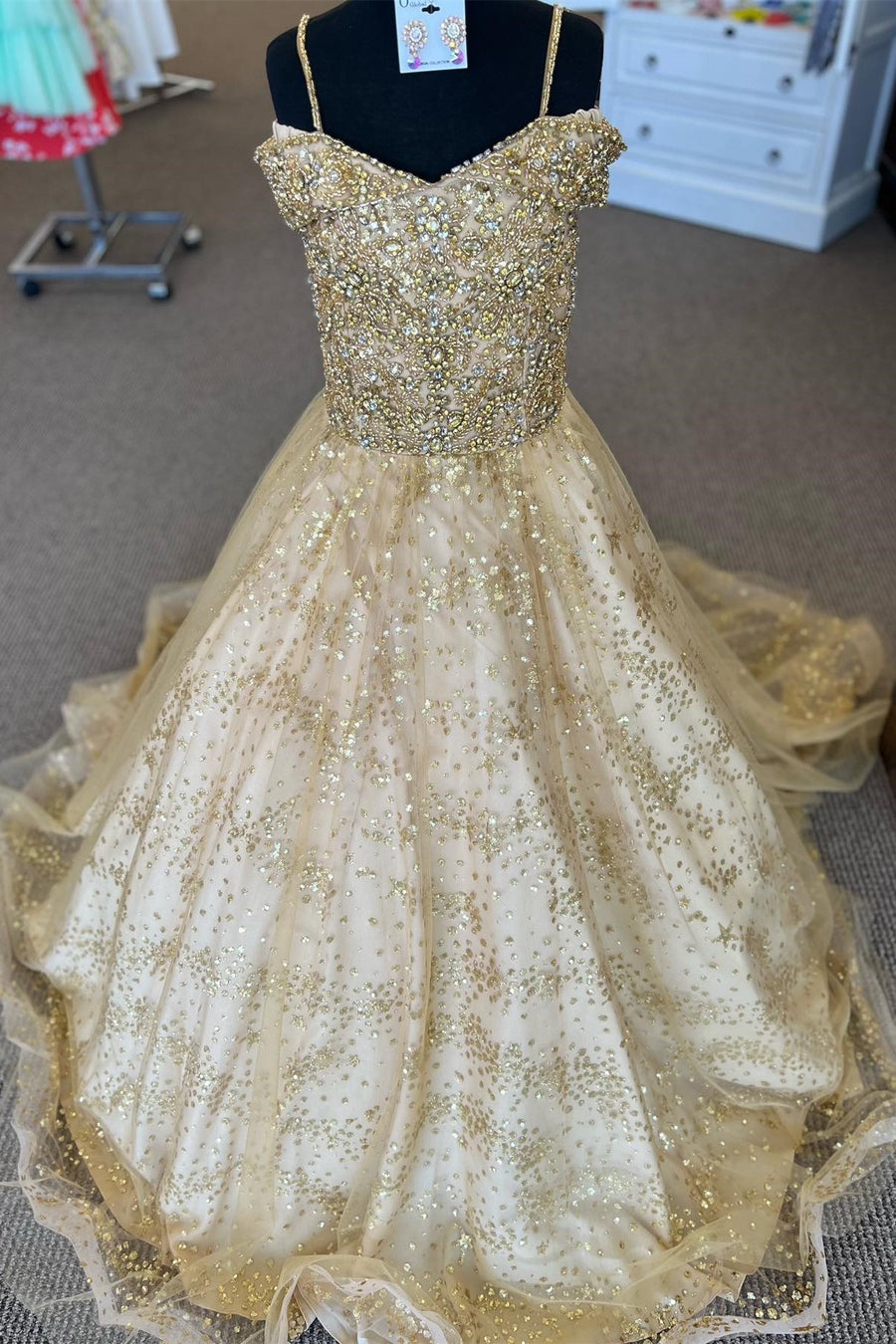 Gold Beaded Cold-Shoulder Long Girl Pageant Dress Modsele Gold Beaded Cold-Shoulder Long Girl Pageant Dress Modsele