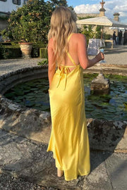 V-Neck Tie-Back Maxi Dress with Slit in Yellow
