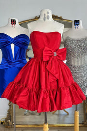 Strapless Ruffle Sleeveless A-Line Short Homecoming Dress with Bow