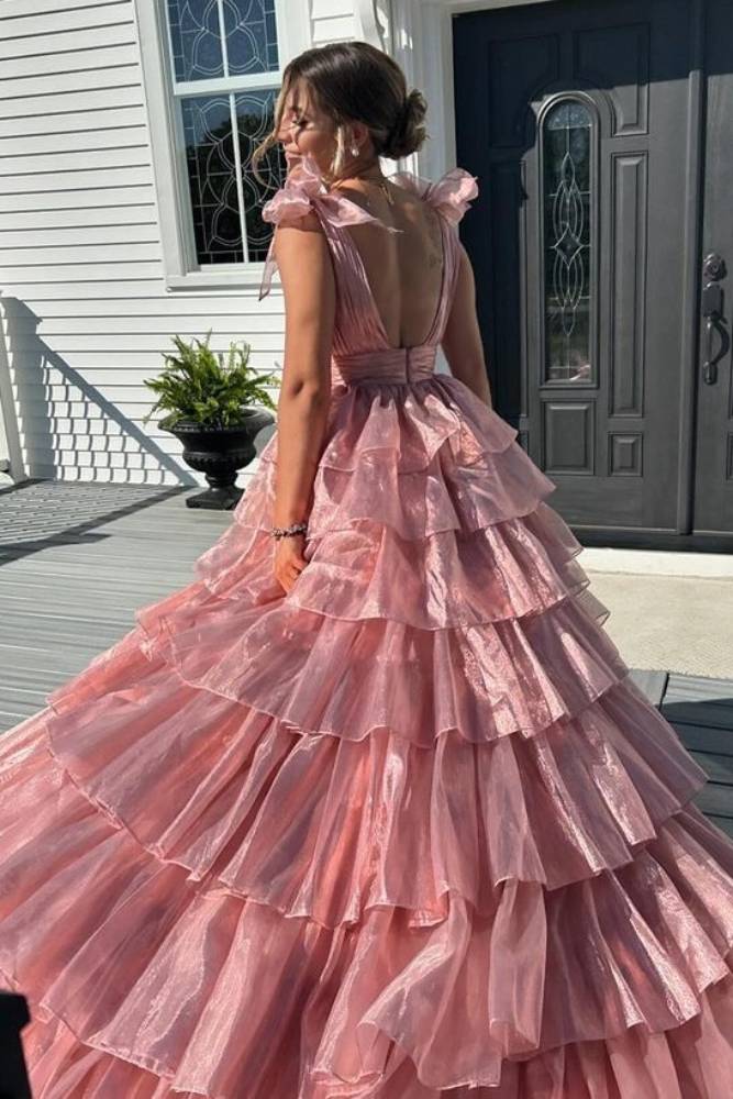 V-Neck Tiered A-Line Empire-Waist Sleeveless Long Prom Dress with Bow