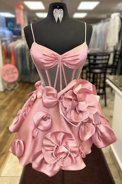 Pink Spaghetti Straps A-Line Homecoming Dress with 3D Floral