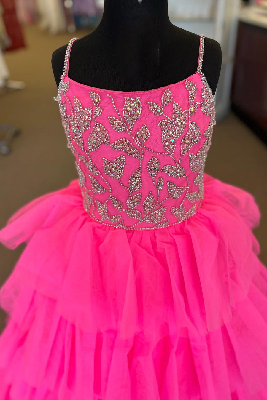 Hot Pink Beaded Tiered Long Girl Pageant Dress Modsele Hot Pink Beaded Tiered Long Girl Pageant Dress Modsele