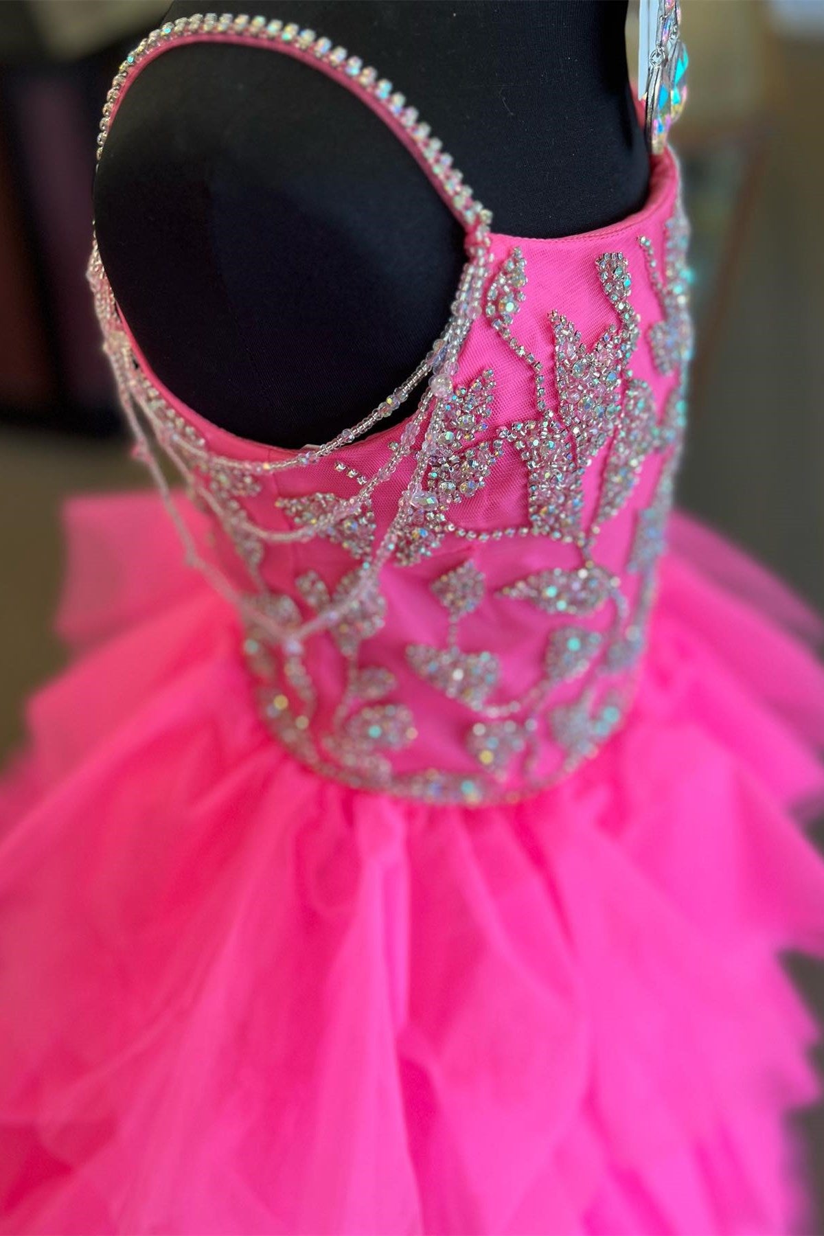 Hot Pink Beaded Tiered Long Girl Pageant Dress
