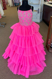 Hot Pink Beaded Tiered Long Girl Pageant Dress