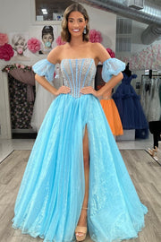 Light Blue Beaded Strapless A-Line Long Prom Dress with Slit
