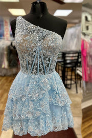 Light Blue Sequin-Embroidery One-Shoulder A-Line Homecoming Dress