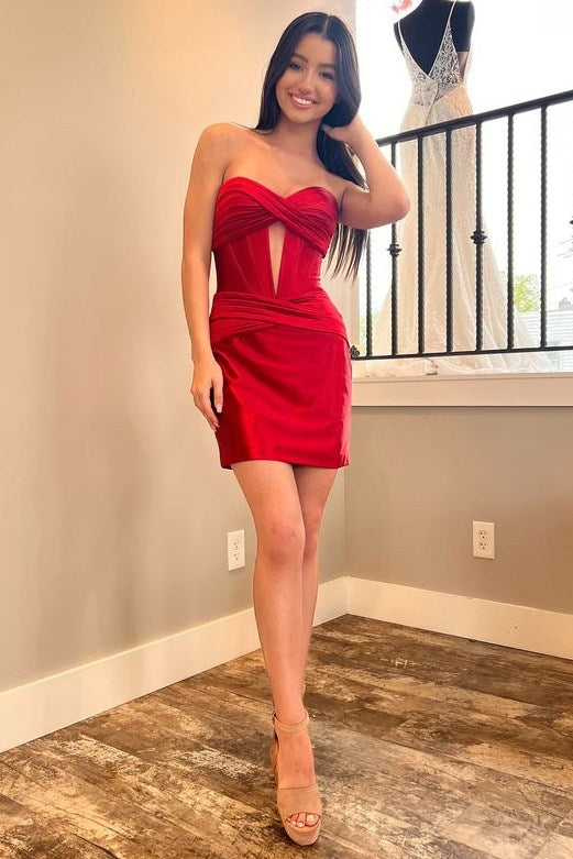 Red Strapless Keyhole Satin Sleeveless Bodycon Homecoming Dress