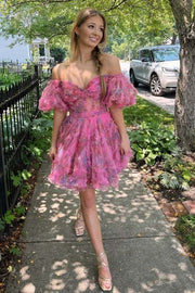 Puff Sleeves Hot Pink Ruffle A-Line Homecoming Dress