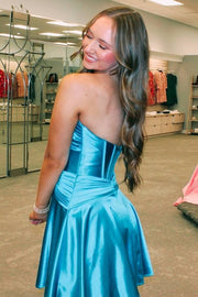 Strapless Royal Blue A-line Pleated Homecoming Dress with Keyhole