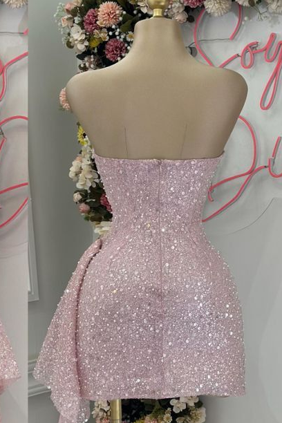 Pink Strapless Scoop Neck Glitter Pleats Mini Homecoming Party Dress